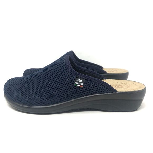 Fly Flot Mule Clogs Womens 40 US 9 Navy Mesh Leather Footbed Comfort Italy NEW - Picture 1 of 13